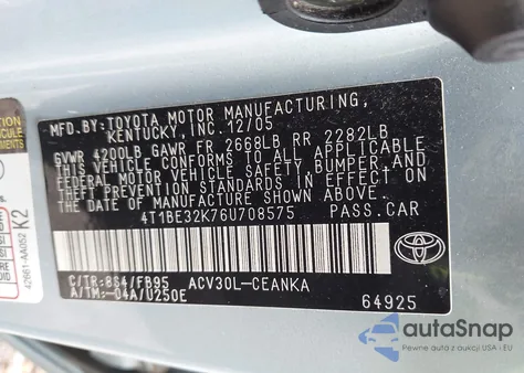 2006 Toyota Camry Le из США, поврежденный, VIN 4T1BE32K76U708575